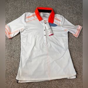 Lucky in Love womens White Shirt with Neon Orange Accents- Medium - NWT